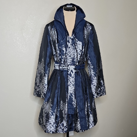 Samuel Dong Bubble Coat Dress Jacquard Navy Blue and Silver Print Small - Picture 1 of 10